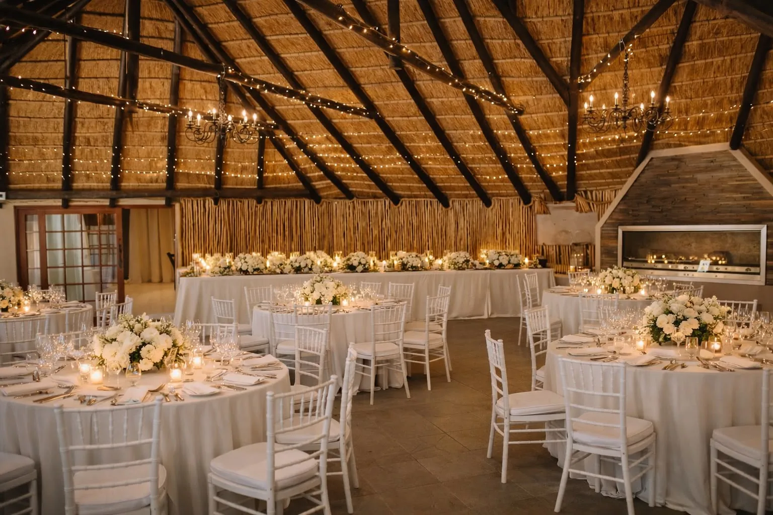 Rustic indoor venue with banquet tables