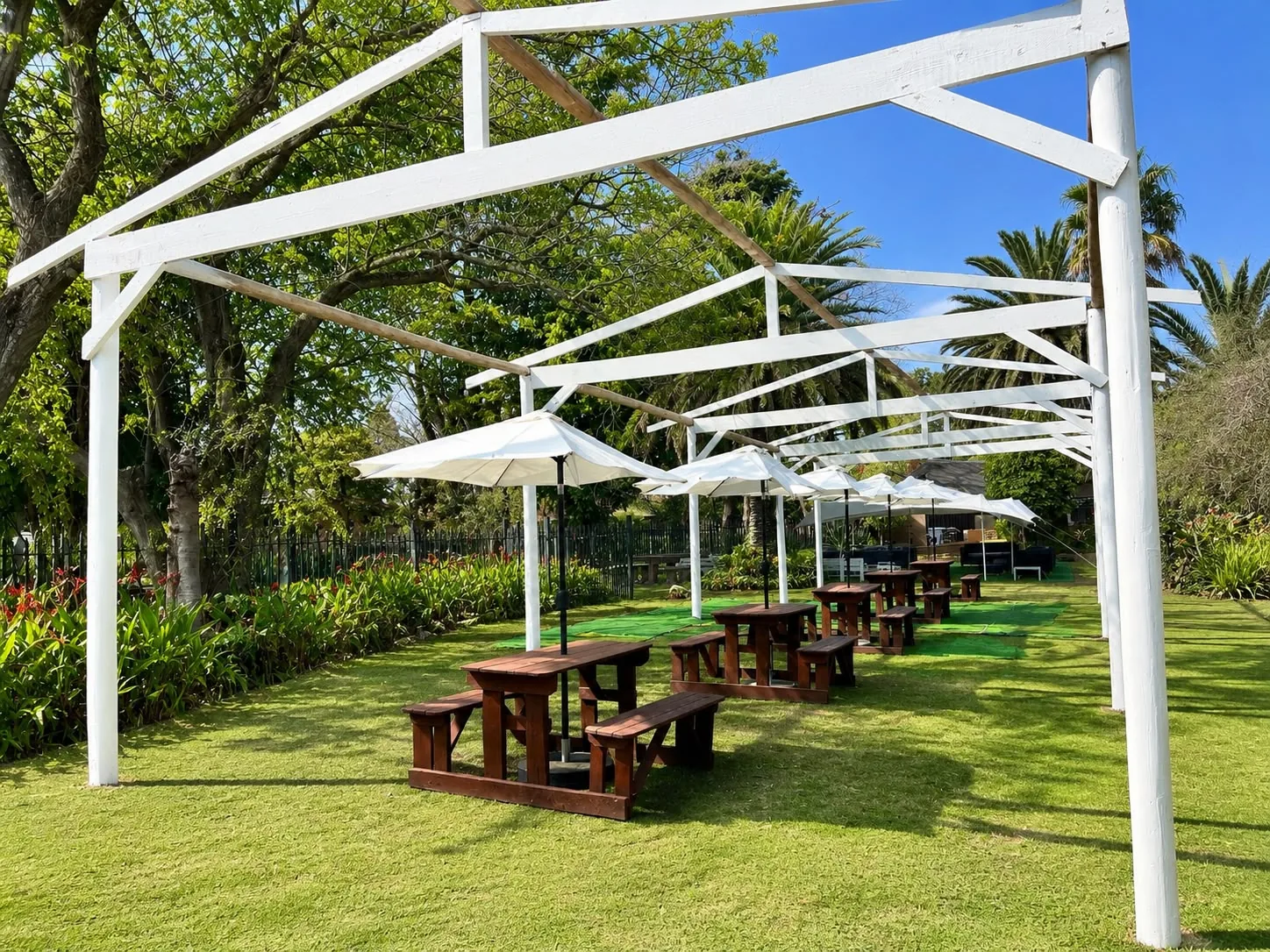 Garden walkway with shaded seating