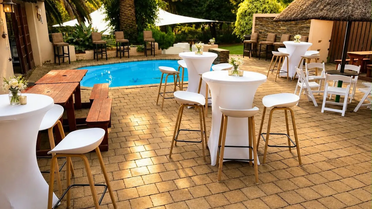 Sunlit outdoor seating beside the pool