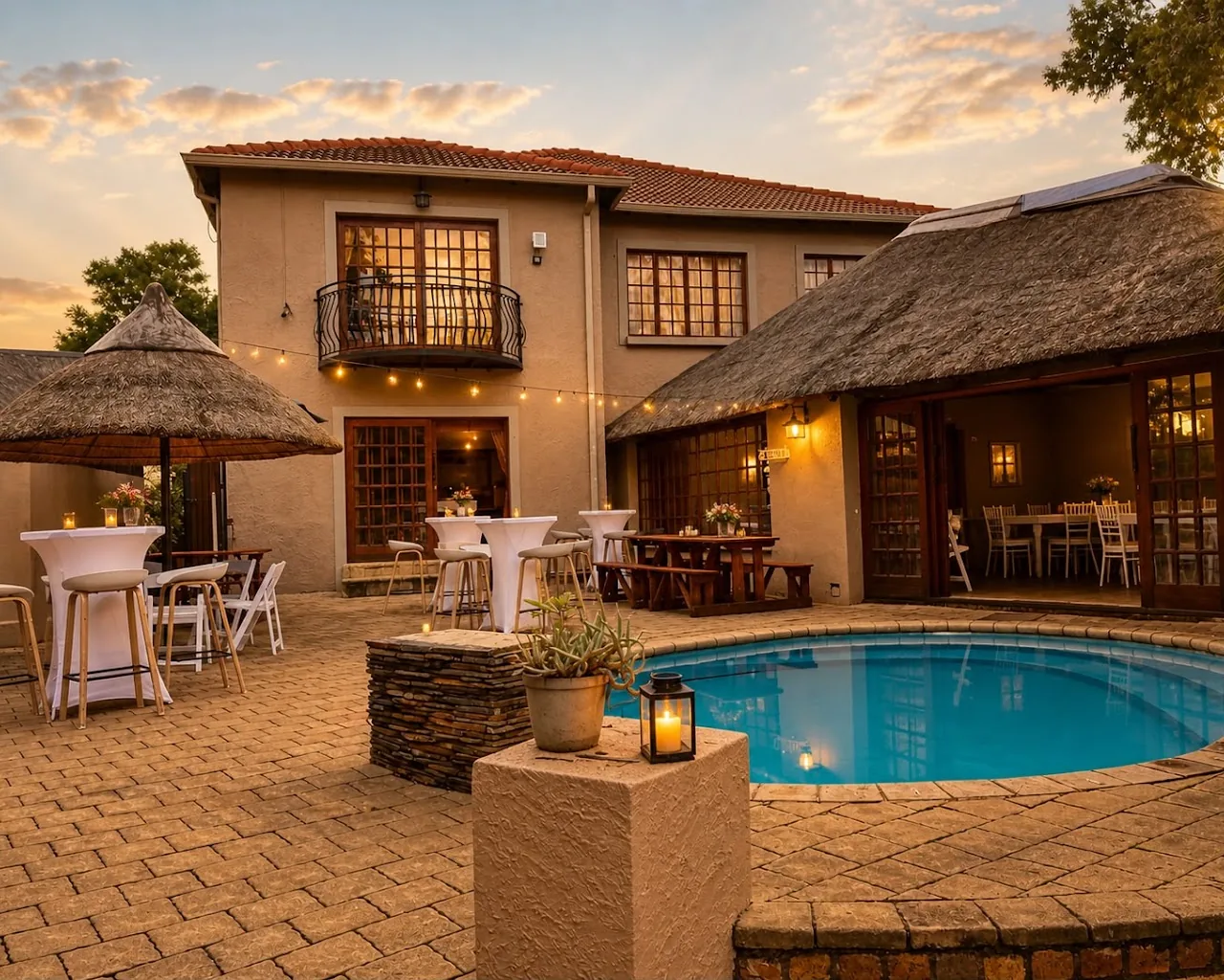 The Mustard Seed guest house at golden hour overlooking the pool